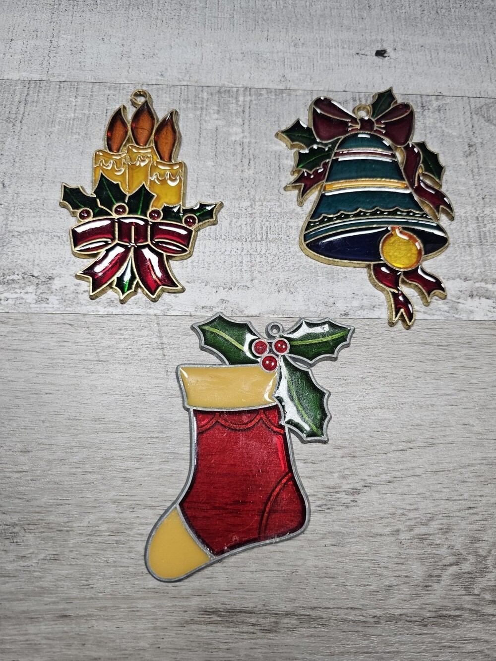 Vtg Faux Stained Glass Lot Christmas Ornaments 4" Stocking Bell Candles G16b5